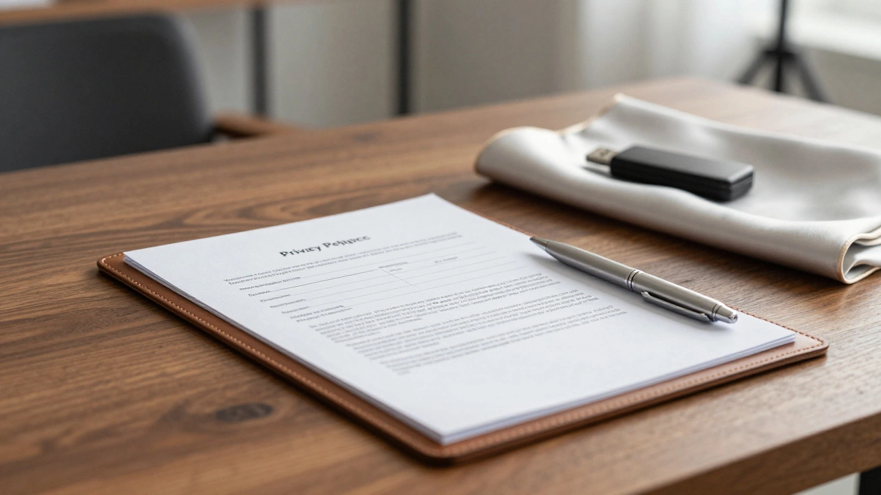 A privacy policy document and USB drive on a wooden desk, symbolizing confidentiality and professional standards.