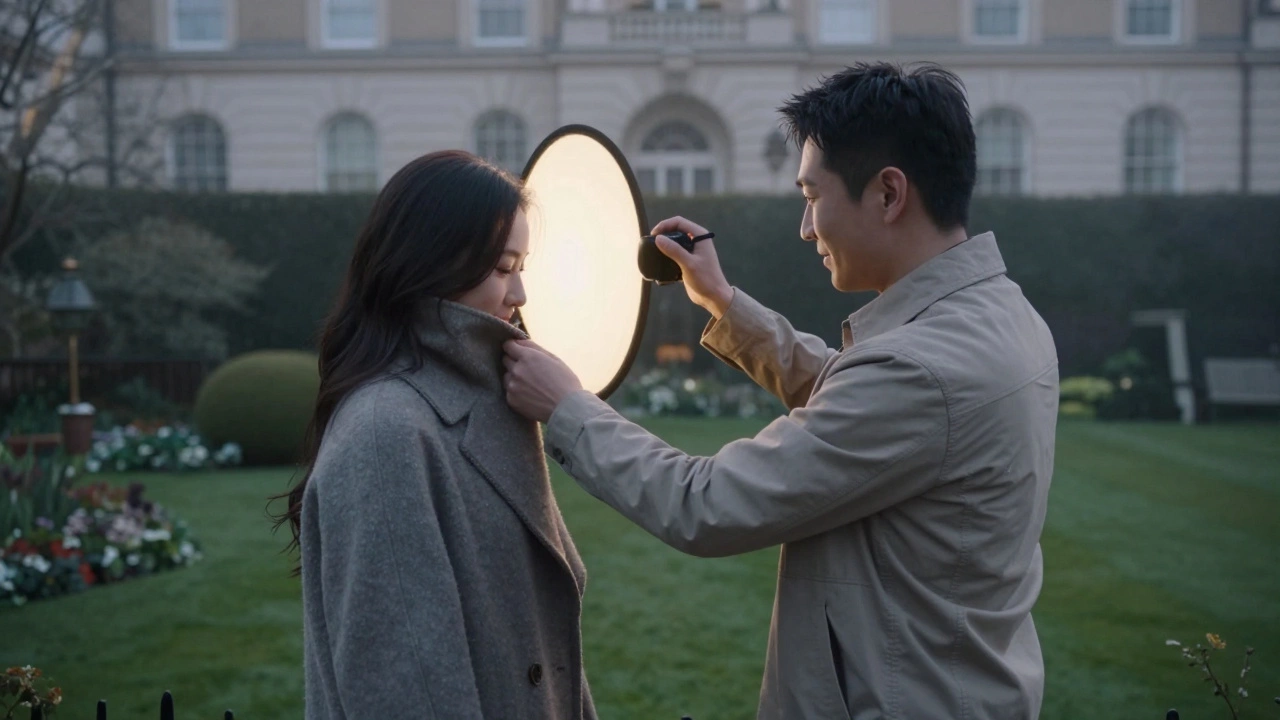 A quiet garden scene at dawn with a photographer and client, exuding privacy and calm professionalism.
