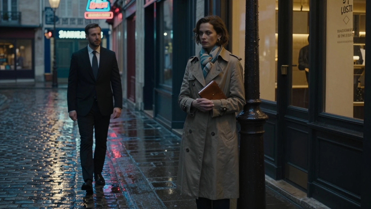 A woman and man meeting respectfully outside a Paris hotel at dusk, rain-slicked cobblestones reflecting soft neon lights.