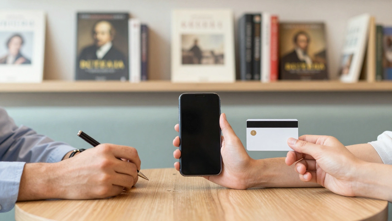 Three hands on a wooden table with a pen, smartphone, and hotel keycard, surrounded by books in a Parisian café.